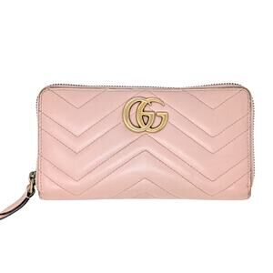 Gucci GG Marmont Pink Zip Around Wallet Matelassé Quilted Leather Gold Logo